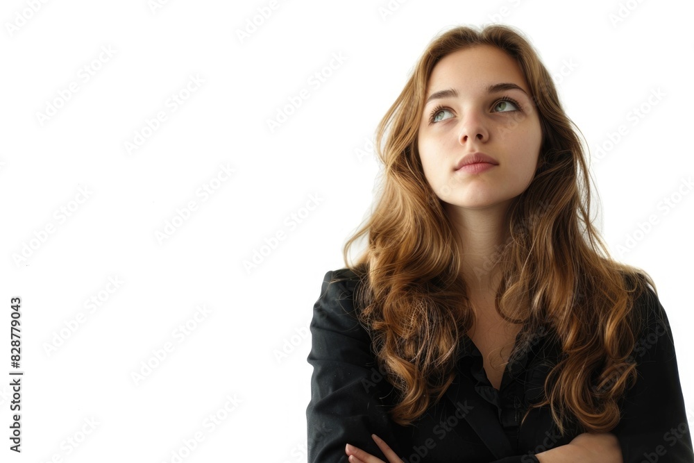 Thoughtful business woman isolated over a white backgorund Thoughtful business woman isolated over a white backgorund
