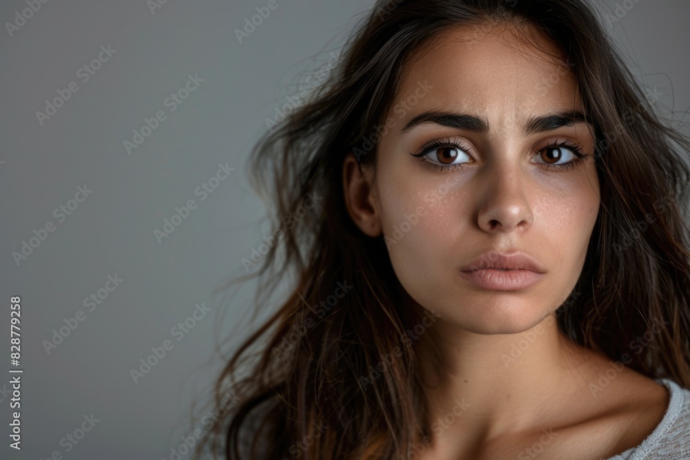 Sad young Hispanic woman isolated in sorrowful expression on grey background. Sad young Hispanic woman isolated in sorrowful expression on grey background.