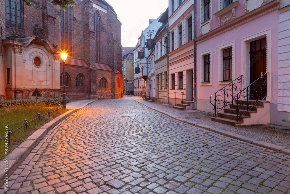 Fototapeta premium The old historic Berlin quarter Nikolaivirtel at dawn.
