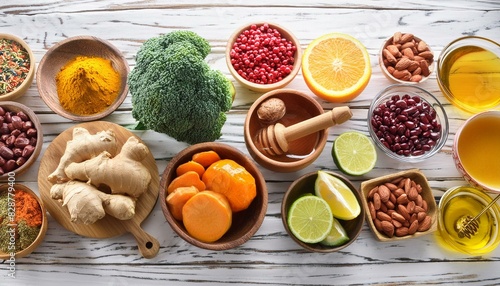Immune-boosting food items like broccoli, citrus fruits, honey, ginger, lemon, garlic, goji photo