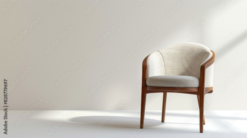 Minimalist dining chair with a wooden frame and fabric seat, isolated on a white studio background Minimalist dining chair with a wooden frame and fabric seat, isolated on a white studio background