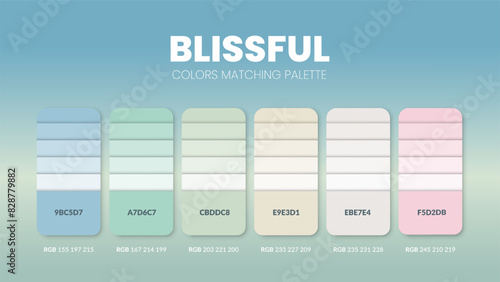 Color palette guide in Blissful colour theme collections. Color inspiration or chart with codes template. Color combination RGB. Colors swatches for graphic design, art, fashion or painting. Vector.