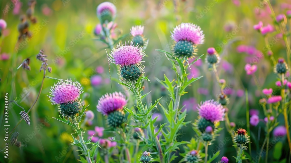 Thistle Field Cirsium arvense flourishing amongst wild herbs Thistle Field Cirsium arvense flourishing amongst wild herbs