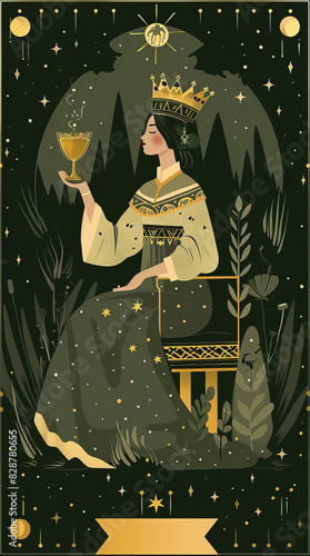 The Empress tarot card depiction, visualized in flat design with a prosperous theme, side view, animation, monochromatic color scheme photo