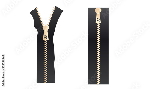 Zippers set golden slide fastener elements on white background. Open and closed pullers for clothing and buckle vector illustration