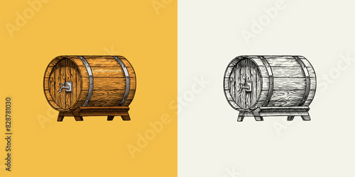 Beer in a wooden barrel, classical alcohol. Engraved in ink hand drawn in old sketch for oktoberfest. Vintage style.