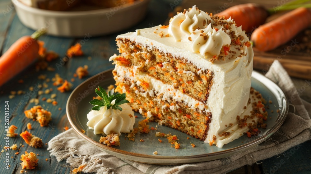 Homemade Sliced Carrot Cake on Plate Close-Up Homemade Sliced Carrot Cake on Plate Close-Up