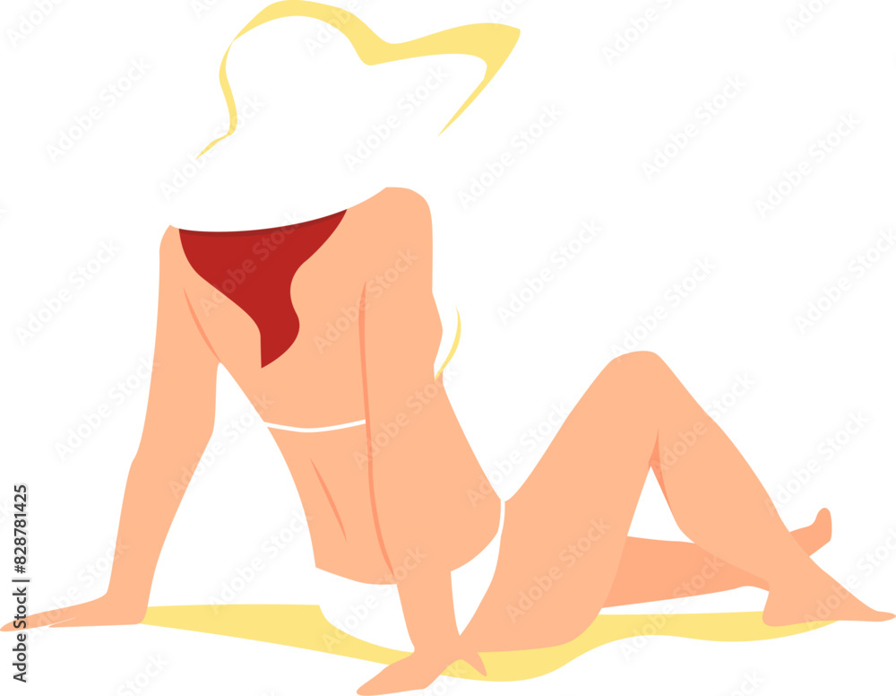 A woman in a white swimsuit and a hat half lying on a sunny sandy beach. Vector illustration with transparent background A woman in a white swimsuit and a hat half lying on a sunny sandy beach. Vector illustration with transparent background