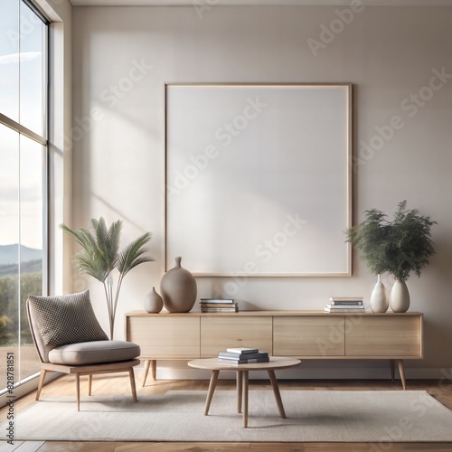 A living room with a white wall and a large framed picture