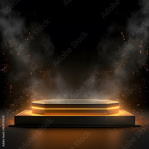 Empty podium illuminated with golden light on a black background. Generative AI. © Studicon