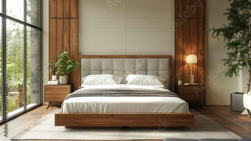 Modern bed frame with a storage headboard in a minimalist bedroom