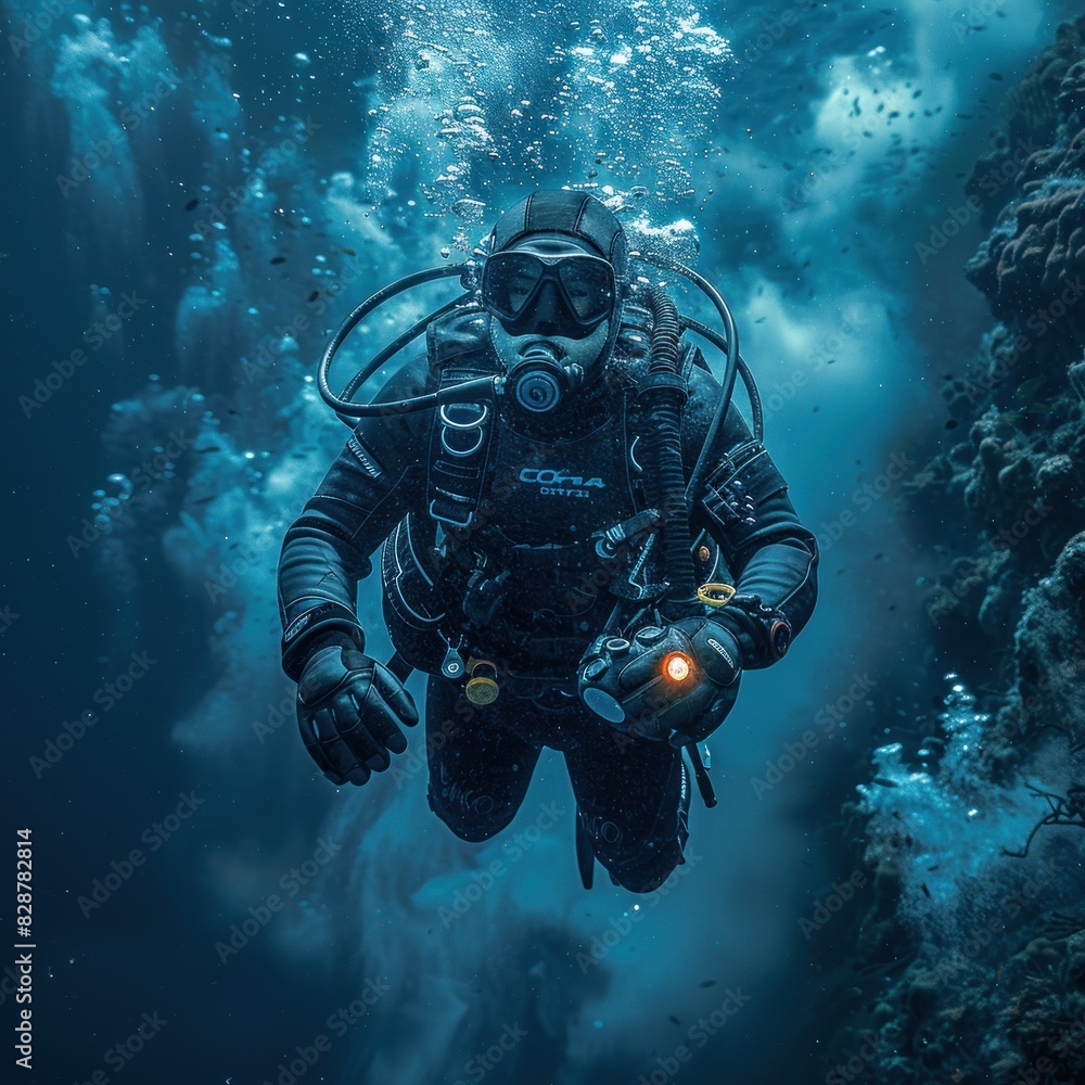 Scuba diver floating in deep blue ocean. The dark sea background adds to the eerie atmosphere. An air tank is attached to its back and bubbles can be seen from its mouth. Scuba diver floating in deep blue ocean. The dark sea background adds to the eerie atmosphere. An air tank is attached to its back and bubbles can be seen from its mouth.