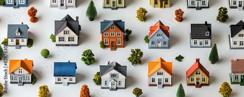 Pattern of miniature house models on isolated white background, minimalistic design, repeating pattern, copy space