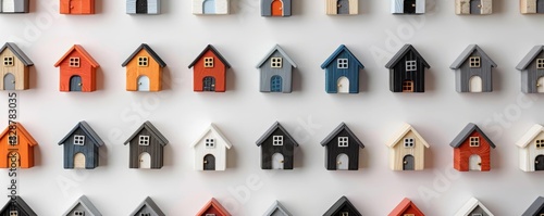 Pattern of miniature house models on isolated white background, minimalistic design, repeating pattern, copy space