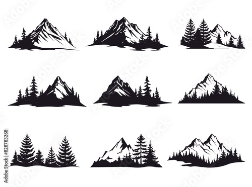 Set of mountains with fir tree forest silhouette illustration. Logotype ice mountain art coloring page vector.