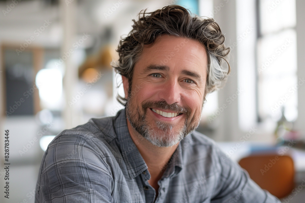 portrait of a handsome business casual man in his forties smiling and working in a modern office portrait of a handsome business casual man in his forties smiling and working in a modern office