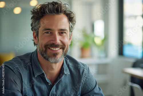 portrait of a handsome business casual man in his forties smiling and working in a modern office photo