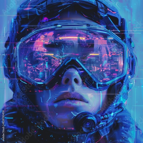 A close-up portrait of a young woman wearing a futuristic helmet with a visor.