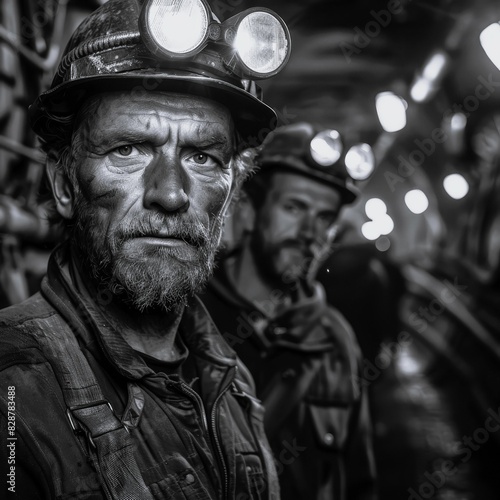 Coal mine interior, miners working with headlamps, dark and gritty, closeup, harsh lighting, raw industrial energy, monochrome tones
