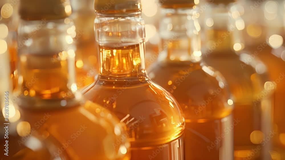 Carefully crafted glass bottles neatly lined up and ready to be filled with the finished tropical fruit wines. Carefully crafted glass bottles neatly lined up and ready to be filled with the finished tropical fruit wines.