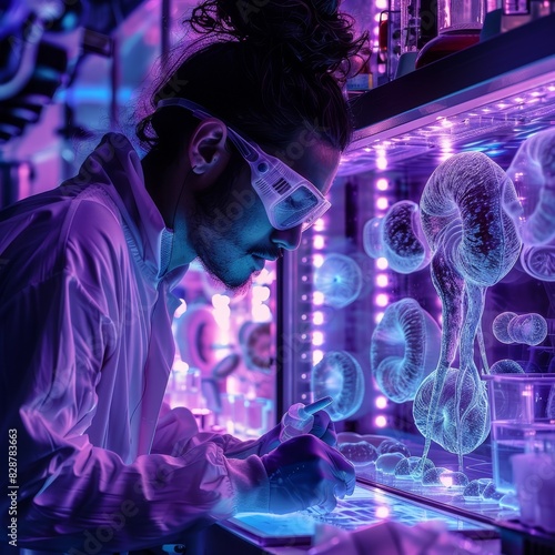 Scientist examining a futuristic glowing plant in a laboratory