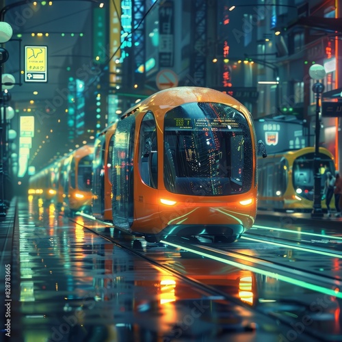 The autonomous electric bus drives through the night city.