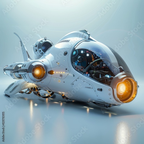 The spaceship is white and silver with a sleek design. It has two engines and a large cockpit. The spaceship is sitting on a runway with a blue sky in the background.