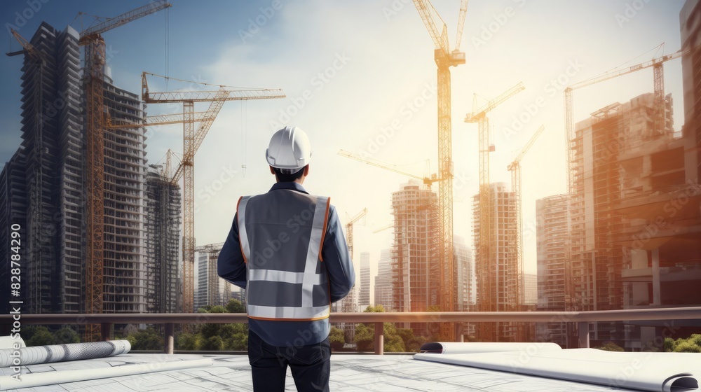 Site engineer holding blueprints and overseeing a large building project, wearing protective gear, detailed construction site in the background, emphasis on construction supervision and planning Site engineer holding blueprints and overseeing a large building project, wearing protective gear, detailed construction site in the background, emphasis on construction supervision and planning