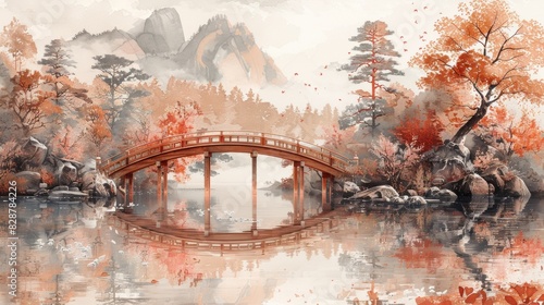 japanese garden art, tranquil japanese garden wooden bridge, serene watercolor nature pattern in beige, pink, white, and brown hues photo