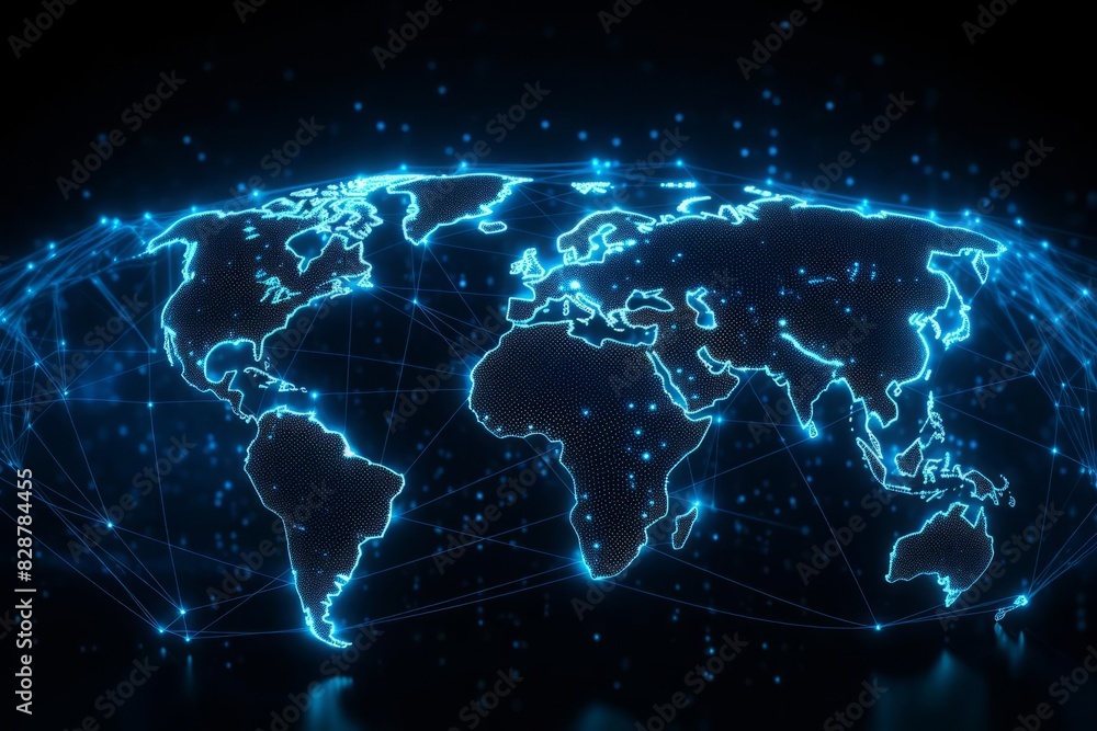Futuristic digital map of the world with bright blue nodes and lines, representing global cyber networks, dark and sophisticated background, emphasis on technology and data visualization Futuristic digital map of the world with bright blue nodes and lines, representing global cyber networks, dark and sophisticated background, emphasis on technology and data visualization