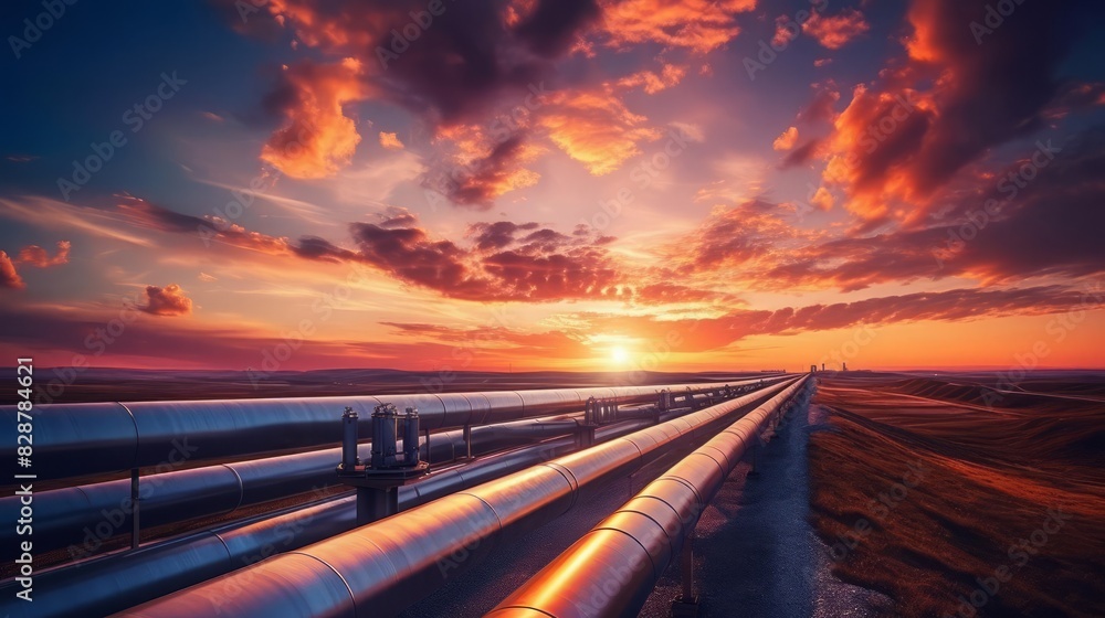 Obraz premium A vast oil pipeline network stretching into the distance under a stunning sunset, vibrant sky with orange and pink hues, industrial setting, emphasis on energy infrastructure and transportation
