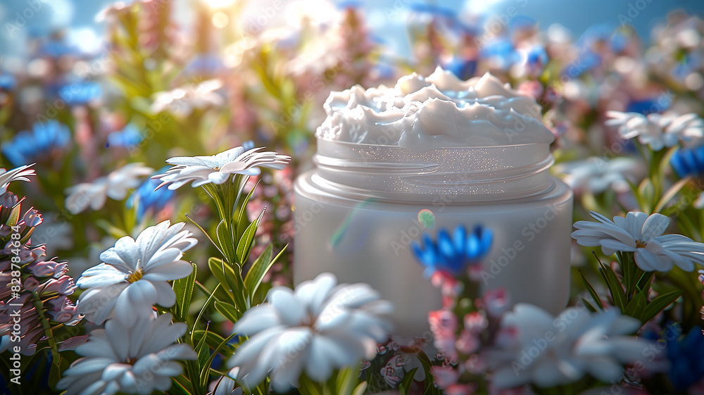 A jar of cream is sitting in a field of flowers A jar of cream is sitting in a field of flowers