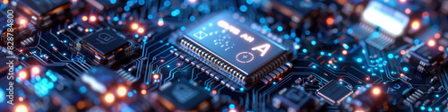 Close-up of an advanced artificial intelligence microchip with glowing blue circuits photo