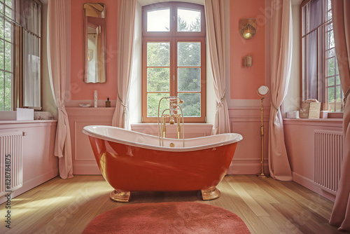 Bathroom interior with a red bathtub in the middle and a large window