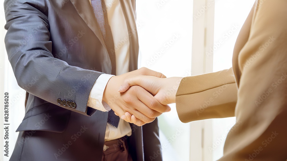 Fototapeta premium Business people sign a cooperation agreement. Businessman man shaking hands with business woman, close-up. Concept: successful deal, office employees