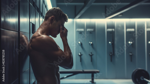 The winner doing final touch-ups before a competition in the gym locker room. Dynamic and dramatic composition, with cope space © Лариса Лазебная
