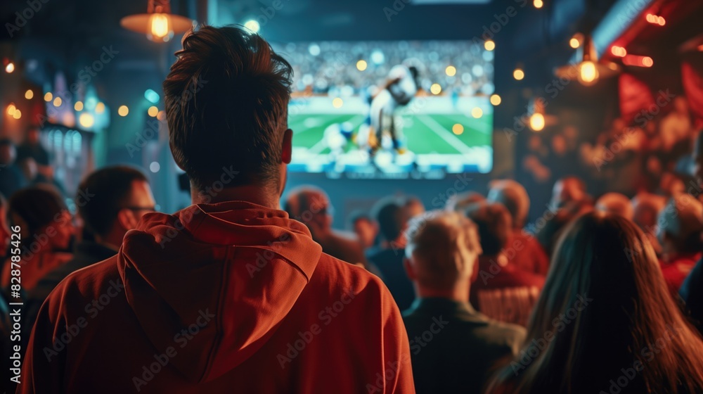 Group of American Football Fans Watching a Live Match Broadcast in a Sports Pub on TV, People Cheering, Supporting Their Team, generative ai Group of American Football Fans Watching a Live Match Broadcast in a Sports Pub on TV, People Cheering, Supporting Their Team, generative ai