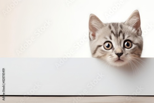 Cute cat peering over a blank sign, perfect for adding custom text or messages, focus on adorable pet image and clean composition, bright and appealing visual