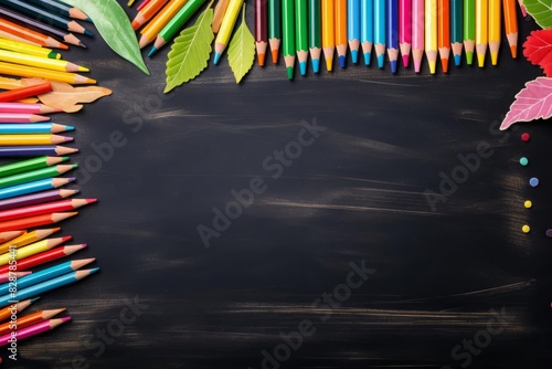 Art materials including colorful pencils on a blackboard with chalk marks, emphasis on school supplies and creative education, clear and dynamic visual photo