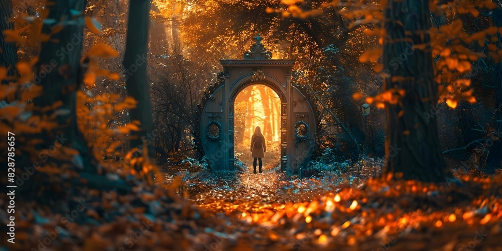 Fototapeta premium Enchanted forest with secret wooden door leading to mystical light outside gate. Concept Enchanted Forest, Hidden Door, Mystical Light, Secret Passage, Fantasy Setting