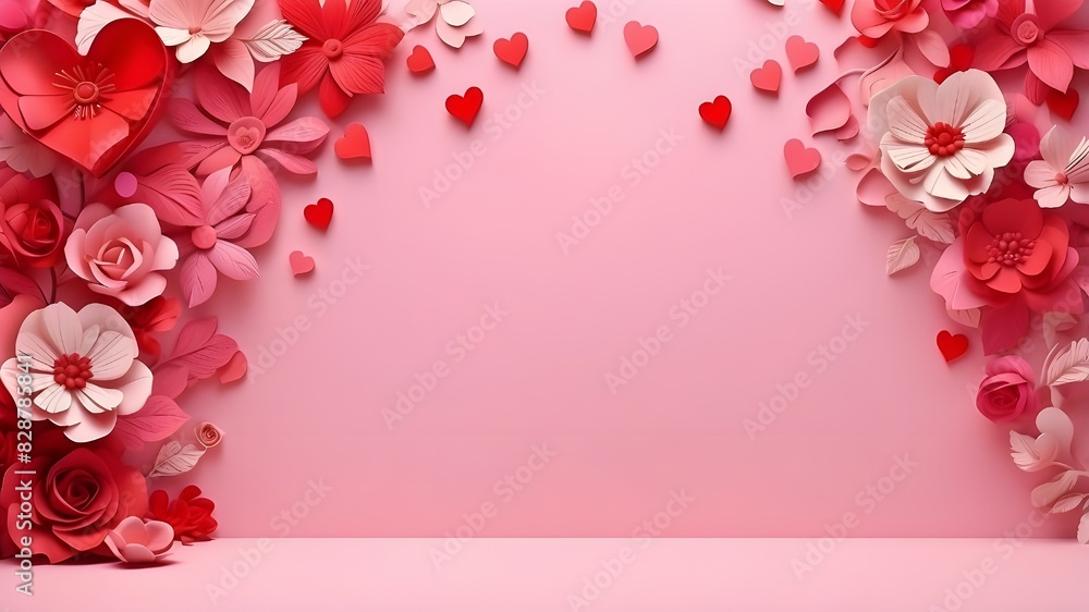 The Pink background with red hearts and multicolor flowers,Valentine Day The Pink background with red hearts and multicolor flowers,Valentine Day