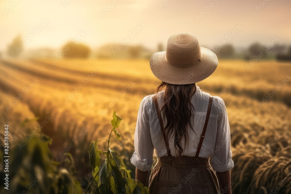Female farmer overlooking her crop field, dressed in rural farming attire, focus on sustainable agriculture and ecofriendly practices, bright and serene landscape Female farmer overlooking her crop field, dressed in rural farming attire, focus on sustainable agriculture and ecofriendly practices, bright and serene landscape