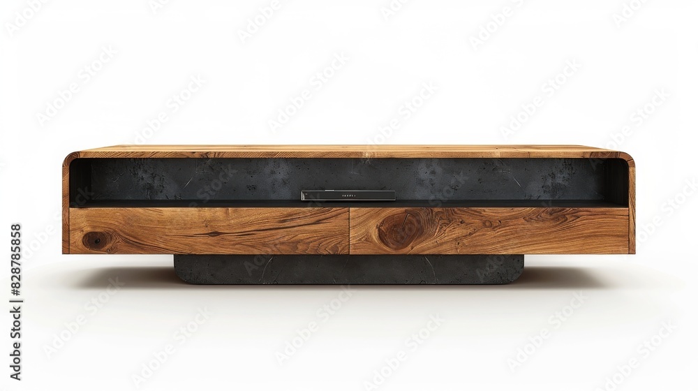 Modern TV stand with a floating design, isolated on a white studio background Modern TV stand with a floating design, isolated on a white studio background