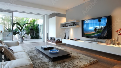 Modern TV stand with a floating design in a contemporary living room