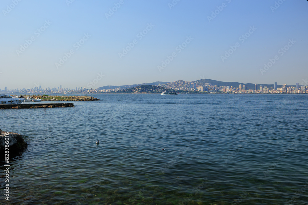 Turquoise blue sea water. View of the Bosphorus in Istanbul city on sunny summer day, in a public place. Turquoise blue sea water. View of the Bosphorus in Istanbul city on sunny summer day, in a public place.