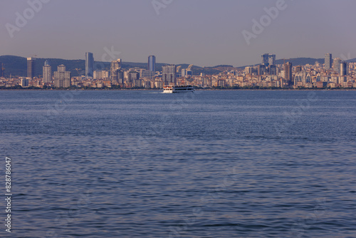 Evening sea view off the coast of Istanbul. Orange sunset sky 