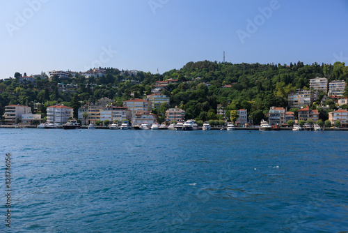 Turquoise blue sea water. View of the Bosphorus in Istanbul city on sunny summer day, in a public place.