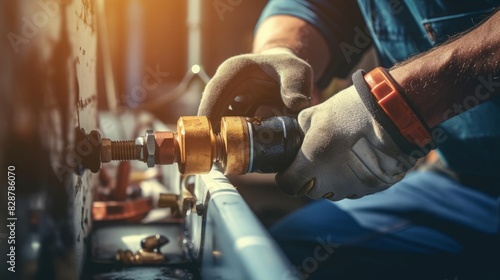 A professional plumber using a wrench to tighten a pipe fitting, focus on plumbing repair and pipe maintenance, detailed and practical atmosphere