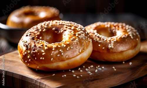 Warm fresh bagels straight from the oven steaming displayed on a rustic wooden cutting board  Ai Generated