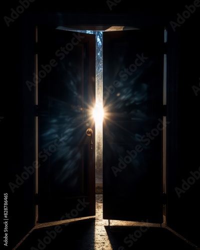 Door slightly ajar close up, focus on, copy space clear and mysterious Double exposure silhouette with a keyhole